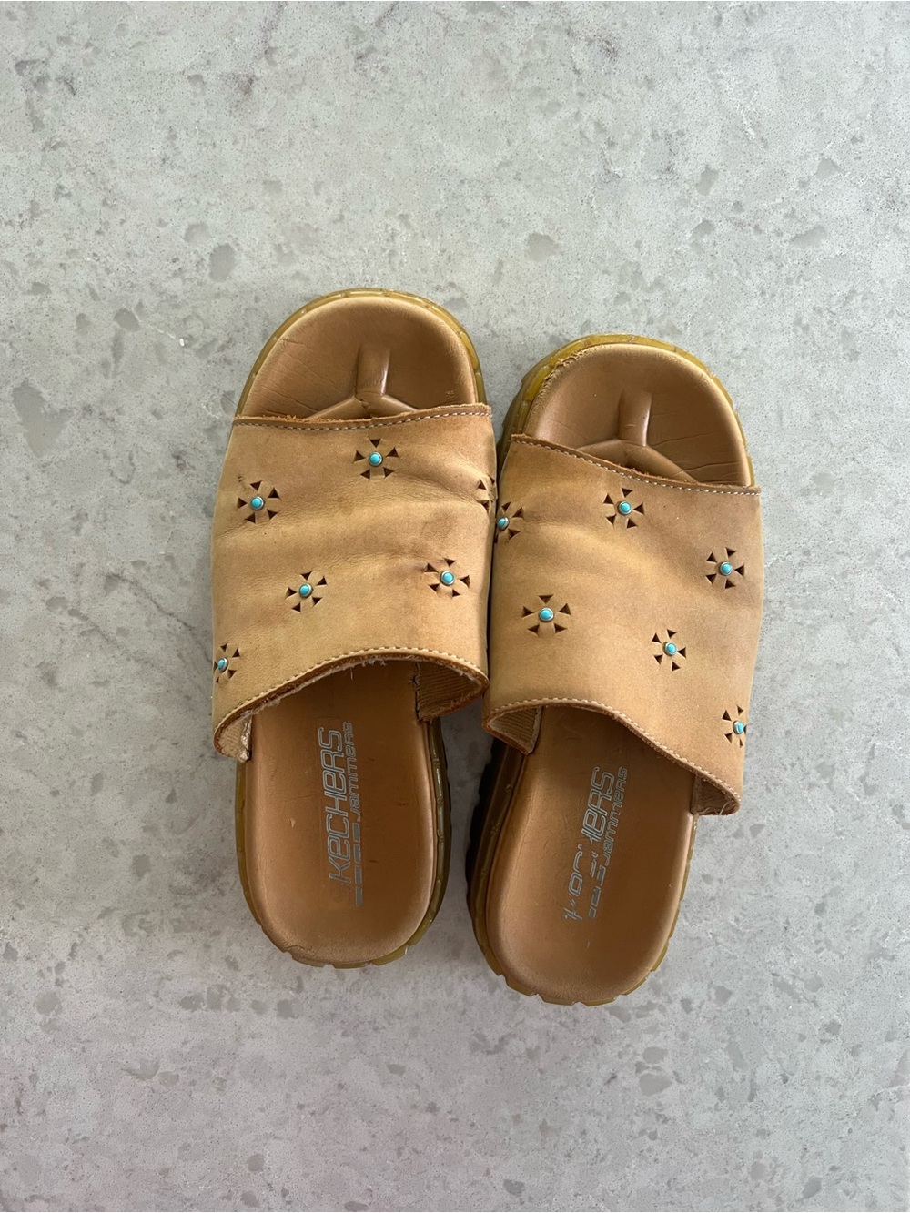 Vintage 90s Skechers Tan Slide/Clogs with Turquois Details